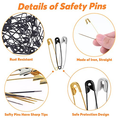 960Pcs Safety Pins Assorted 6 Sizes Variety Pack Large and Small Metal Safety Pin Gold Silver Black for Clothing Art Crafts Sewing Quilting Jewelry Making (960 Count)