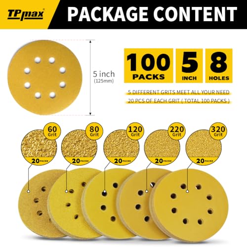 100PCS 5 Inch 125mm 8 Hole Sanding Discs Sandpaper Mixed Grits (100 Count)