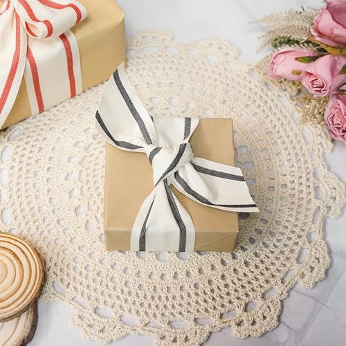 Ivory Cotton Black Stripes Ribbon 2" x 10 Yards for Home Décor Gift Present Wrapping DIY Crafts Birthday Wedding Bouquet Christmas (30 Foot)