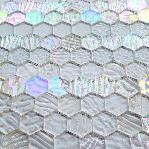 100 pcs Hexagon White Iridescence Stained Glass Pieces Mosaics Tiles for Crafts Bulk (100 Count)