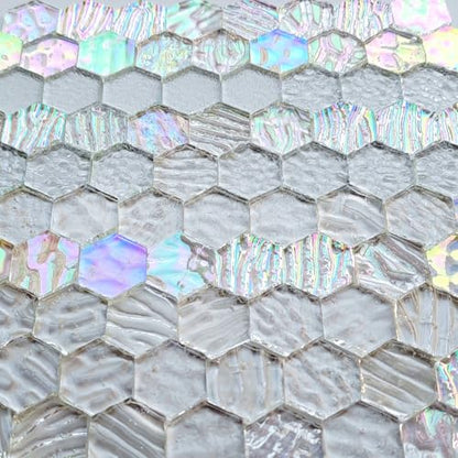 100 pcs Hexagon White Iridescence Stained Glass Pieces Mosaics Tiles for Crafts Bulk (100 Count)