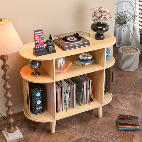 Large Round Record Player Stand with Charging Station & USB Ports