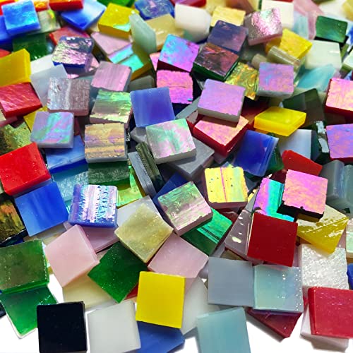 610 Pieces Iridescent Square Glass Mosaic Tiles for Crafts (15 Ounce)