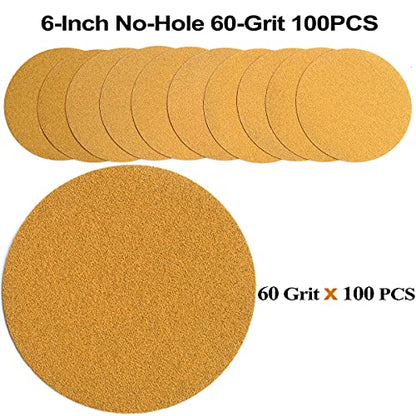 6-Inch No-Hole Hook and Loop Gold Sanding Discs 60-Grit, 100-Pack (100 Count)