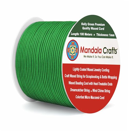 1mm Kelly Green Cotton Waxed Cord for Jewelry Making (327 Foot)