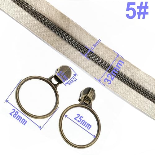5 Antique Brass Metallic Nylon Coil Zippers by the Yard Bulk 10 Yards Beige Zipper Tape with 25pcs Antique Brass Ring Pull Sliders for DIY Sewing Tailor Craft Bag