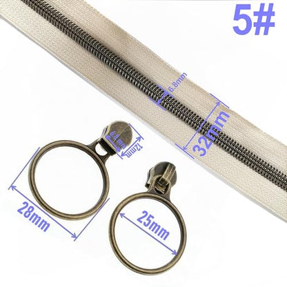 5 Antique Brass Metallic Nylon Coil Zippers by the Yard Bulk 10 Yards Beige Zipper Tape with 25pcs Antique Brass Ring Pull Sliders for DIY Sewing Tailor Craft Bag