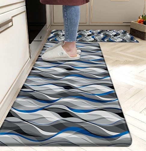 Kitchen Mats for Floor Modern Abstract kitchen rugs Grey and Blue Stripe Anti Fatigue Kitchen Mats Waterproof Floor Mats Cushioned Non