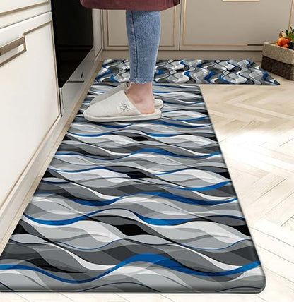 Kitchen Mats for Floor Modern Abstract kitchen rugs Grey and Blue Stripe Anti Fatigue Kitchen Mats Waterproof Floor Mats Cushioned Non