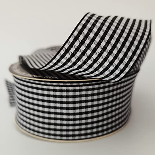 1.5 Inch Black and White Woven Edge Gingham Ribbon 25 Yards Each Roll 100% Polyester (75 Feet)