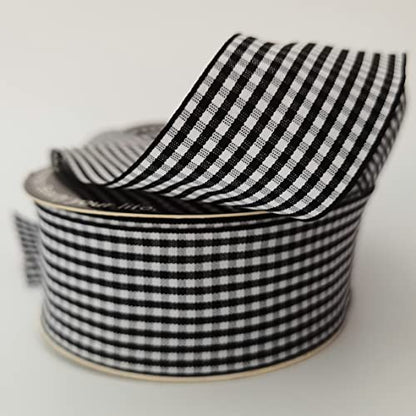 1.5 Inch Black and White Woven Edge Gingham Ribbon 25 Yards Each Roll 100% Polyester (75 Feet)