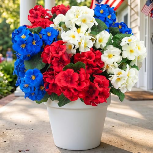 6 Pcs Artificial Geranium Flowers for Outdoors Geranium Silk Flowers Outdoor UV Resistant Plants Faux Patriotic Flowers for 4th of July Home Kitchen Table Centerpieces Decor
