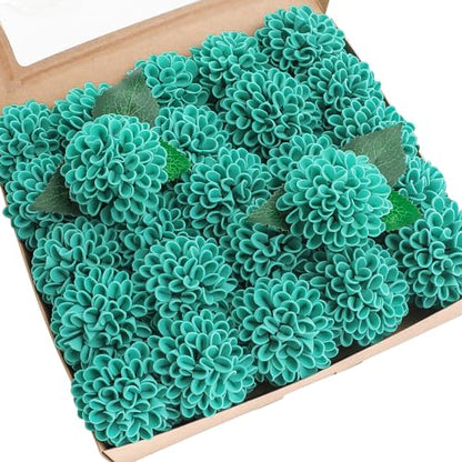 Artificial Dahlia Flowers 25pcs Real Looking Teal Green Foam Fake Roses with Stems for DIY Wedding Bouquets Bridal Shower Centerpieces Floral Arrangements Party Tables Home Decoration (25 Count)