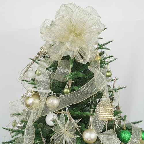 Glitter Gold Wired Ribbon 2.5 Inch Horizontal Stripes Glitter Polka Dot Christmas Ribbon Organza Sheer Ribbons 25 Yards Gold Glitter Ribbons for Christmas Tree (75 Foot)