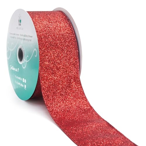 Glitter Wired Ribbon 2.5" x 20 Yards Red for Christmas Home Decor Bow Gift Wrapping DIY Crafts Wreath (60 Foot)