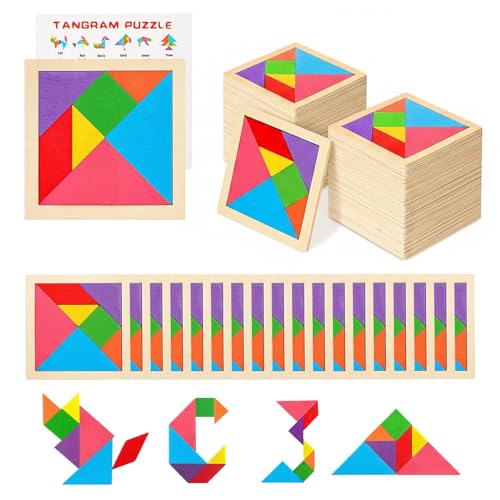 12 Pack Tangram Puzzle Wooden Kids Party Favors (84 Count)