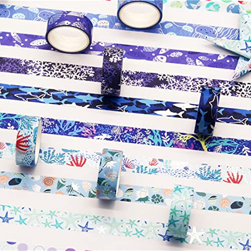 Blue Ocean Washi Tape Set 10 Rolls Bronzing Sea Decorative Masking Tapes for Scrapbooking (10 Count)