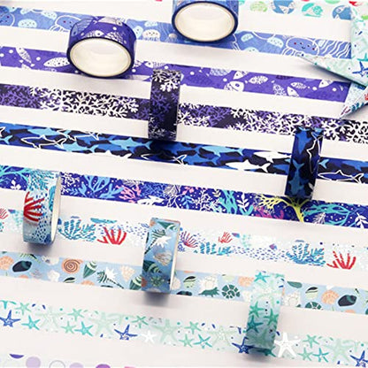 Blue Ocean Washi Tape Set 10 Rolls Bronzing Sea Decorative Masking Tapes for Scrapbooking (10 Count)