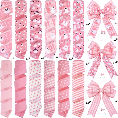 12 Rolls 60 Yards Pink Halloween Wired Ribbon for Wreath Bow Craft (12 Count)
