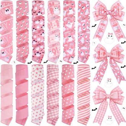 12 Rolls 60 Yards Pink Halloween Wired Ribbon for Wreath Bow Craft (12 Count)