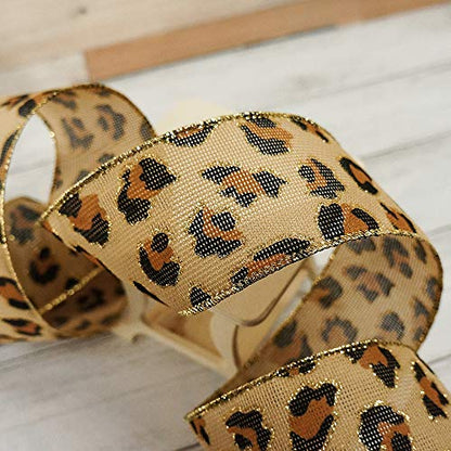 Burlap Leopard Fabric Wired Ribbon 2.5" x 10 Yards Natural with Black and Bronze Color for Christmas Home Wedding Decor Gift Wrapping Tree Topper Bow Wreath Bouquet DIY Crafts (30 Foot)