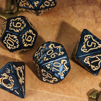7 Die DND Dice Set Dragon Pattern Polyhedral Die with Leather Bag (7 Count)