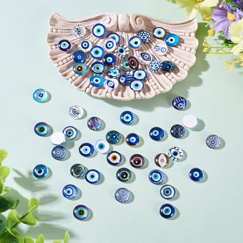 100Pcs 12mm Transparent Glass Cabochons Mixed Blue Evil Eye Printed Cameo Dome Tiles Flat Back Glass Covered Dome Tiles for DIY Bracelets Necklace Scrapbooking Art Crafts