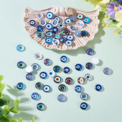 100Pcs 12mm Transparent Glass Cabochons Mixed Blue Evil Eye Printed Cameo Dome Tiles Flat Back Glass Covered Dome Tiles for DIY Bracelets Necklace Scrapbooking Art Crafts