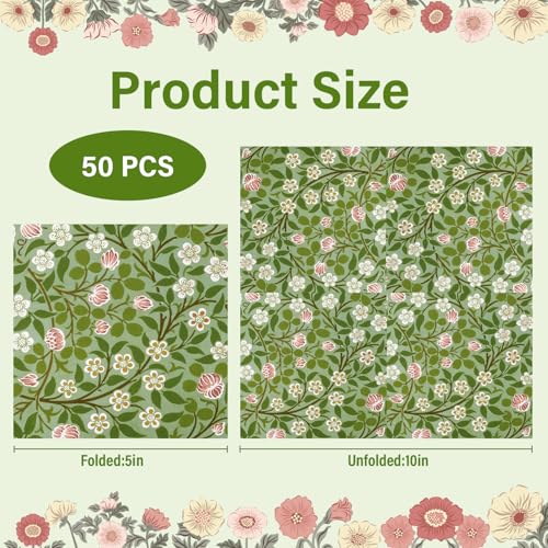 50 Pcs William Morris Cocktail Napkins Vintage Floral Green Paper Napkins Beverage Napkins Disposable Paper Party Napkin Decoration 5 "X 5" (50 Count)