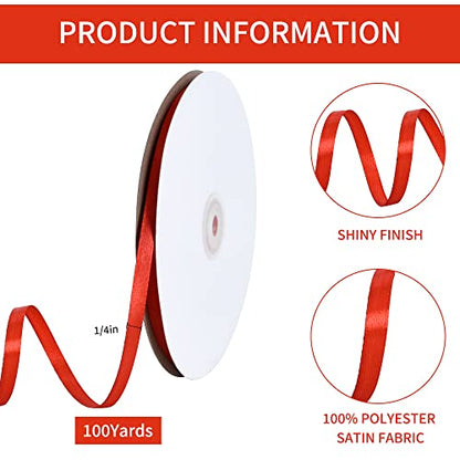 100 Yards 1 4 Inch Red Satin Ribbon Thin Gift Wrapping Ribbon (300 Foot)