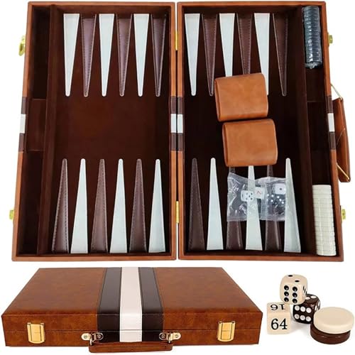 15 Inch Portable Backgammon Set with Folding Board and Leather Travel Case