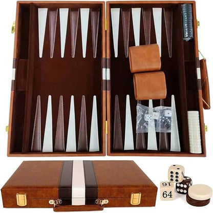 15 Inch Portable Backgammon Set with Folding Board and Leather Travel Case