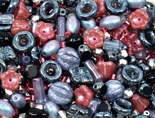 2.1oz (60 g) Mix of Unique Czech Bohemia Glass Pressed Beads, Matte and Glossy, Hand Made, Pink Gray Black Hematite (2.1164 Ounce)