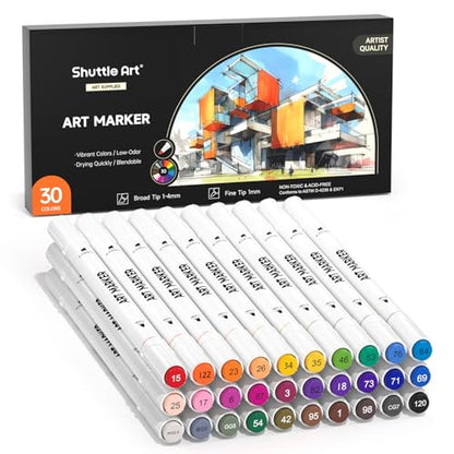 30 Colors Dual Tip Art Markers Permanent Marker Pens Highlighters Perfect for Illustration Adult Coloring Sketching and Card Making (30 Count)