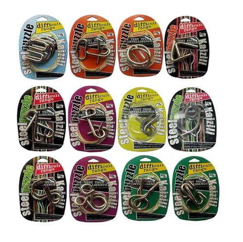 Large Assorted Metal Brain Teaser Puzzles 12 Pack Metal Wire IQ Puzzles with Paper Box Gift Package Great Educational Intelligence Games Toys Party Favors for Kids Adults