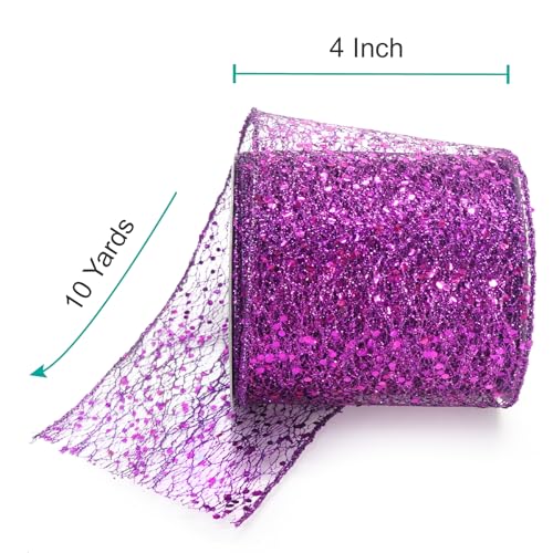Sparkling Glitter Mesh Wired Ribbon 4" x 10 Yards Purple for Christmas Home Decor Bow Gift Wrapping DIY Crafts Wreath (30 Foot)