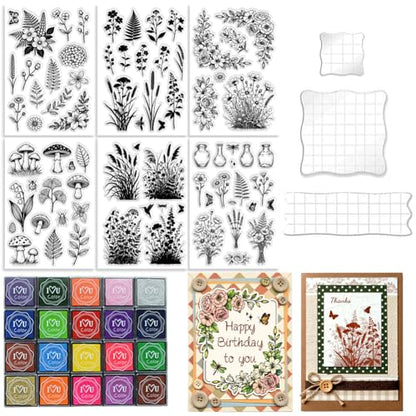 6Pcs Wildflower Clear Stamps for Card Making (29 Count)