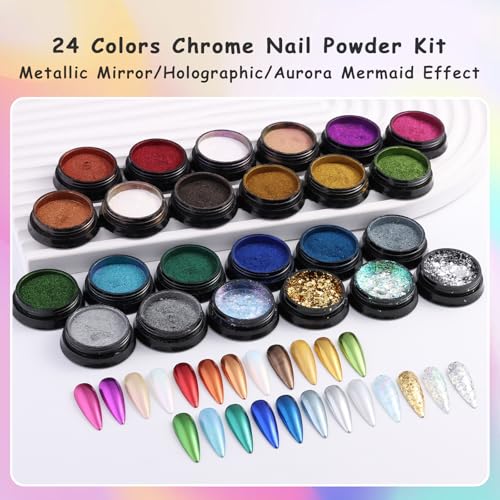 24 Jars Chrome Nail Powder Metallic Mirror Effect Pigment Iridescent Aurora Mermaid Pearl Glitter Dust (8.18 Ounce)