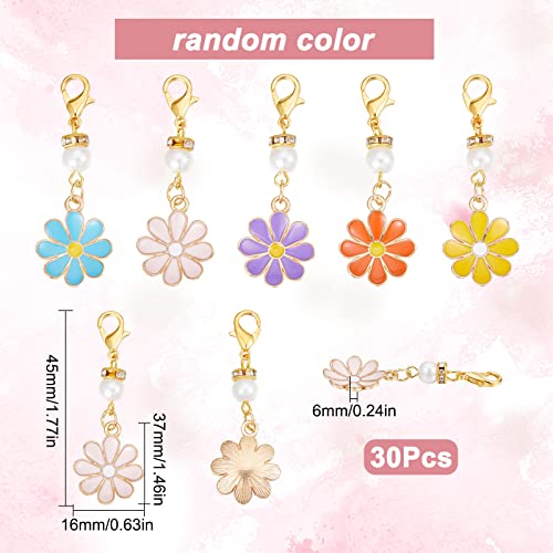 1 Box 30Pcs Stitch Markers Crochet Stitch Marker Daisy Flower Charms Pearl Beads Zipper Pull Clip On Removable Lobster Claw Clasp Charm Locking Knitting Markers for Weaving Sewing Quilting (30 Count)