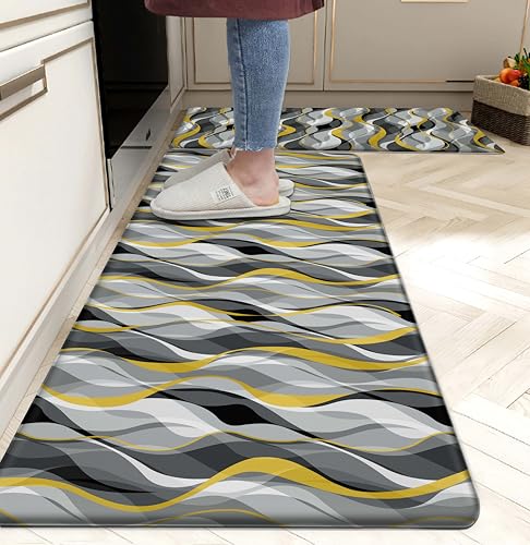 Kitchen Mats for Floor Modern Abstract kitchen rugs Grey and Yellow Stripe Anti Fatigue Kitchen Mats Waterproof Floor Mats Cushioned Non