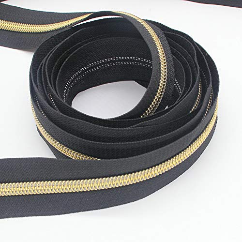 5 Gold Metallic Nylon Coil Zippers by The Yard Bulk 10 Yards Black Tape with 25pcs Gold Sliders for DIY Sewing Tailor Craft Bag