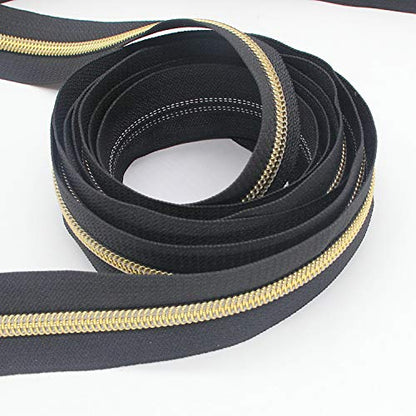 5 Gold Metallic Nylon Coil Zippers by The Yard Bulk 10 Yards Black Tape with 25pcs Gold Sliders for DIY Sewing Tailor Craft Bag