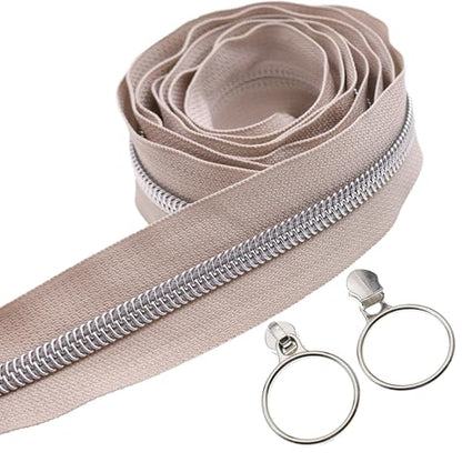 5 Silver Metallic Nylon Coil Zippers by the Yard Bulk 10 Yards Beige Zipper Tape with 25pcs Silver Ring Pull Sliders for DIY Sewing Tailor Craft Bag