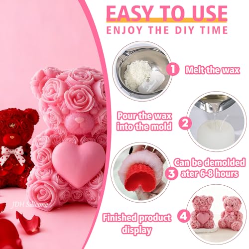 2PCS 3D Rose Bear Silicone Candle Mold Set for Candle Resin Valentine Gift (2 Count)