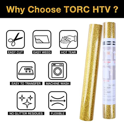 Gold Glitter HTV Heat Transfer Vinyl 2 Rolls Iron on Vinyl for T Shirts Crafts 12 inch x 5 ft