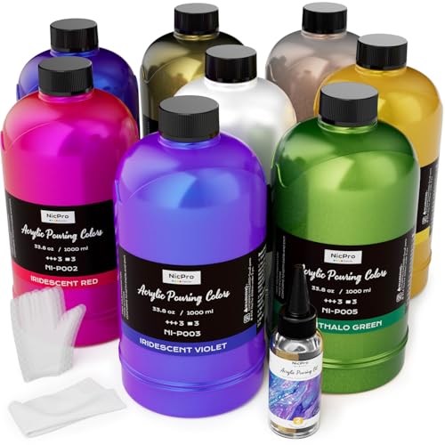 8 Colors 33.8 oz Large Bulk Iridescent Acrylic Pouring Paint Kit (272.4 Fl Oz)