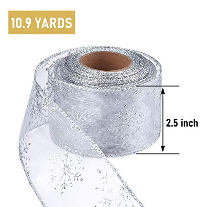 2.5 Inch Wide Christmas Wired Ribbon Snowflake Organza Sheer Glitter Ribbon for Xmas Tree (32.7 Foot)