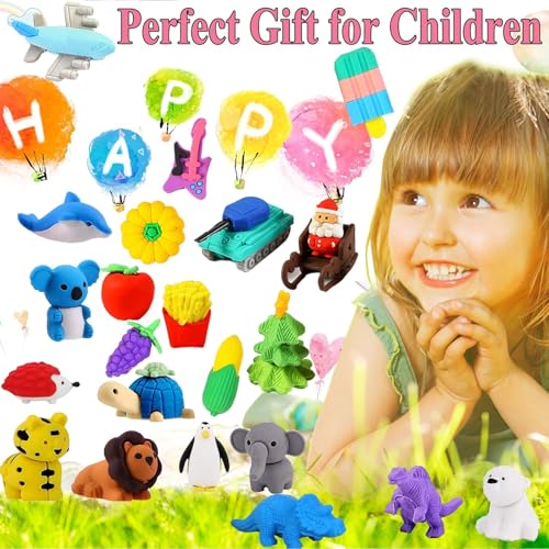 110Pcs Animal Erasers Kids Desk Pets Pencil Erasers 3D Puzzle Eraser Bulk Mini Animal Food Toys Fun Cute Eraser for Classroom Rewards (110 Count)
