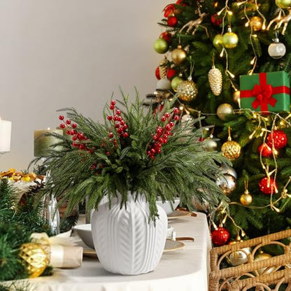 25 Pcs Christmas Norfolk Pine Branches Red Berry Stem Faux Christmas Sprigs (25 Count)