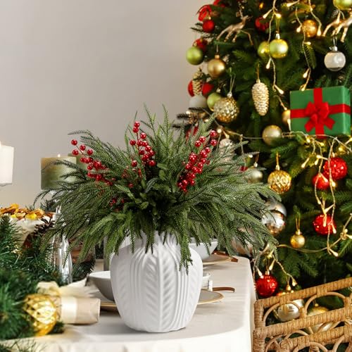 15 Pcs Christmas Norfolk Pine Branches Red Berry Stem Faux Christmas Sprigs (15 Count)